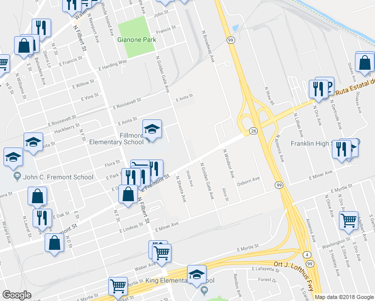map of restaurants, bars, coffee shops, grocery stores, and more near 762 North Golden Gate Avenue in Stockton
