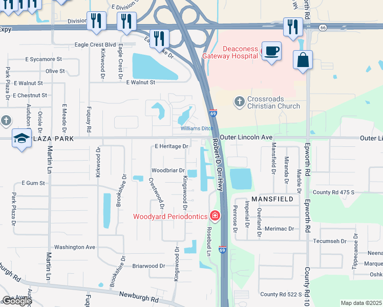 map of restaurants, bars, coffee shops, grocery stores, and more near 616 Kingswood Drive in Evansville