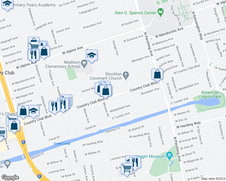 map of restaurants, bars, coffee shops, grocery stores, and more near 1804 Elmwood Avenue in Stockton