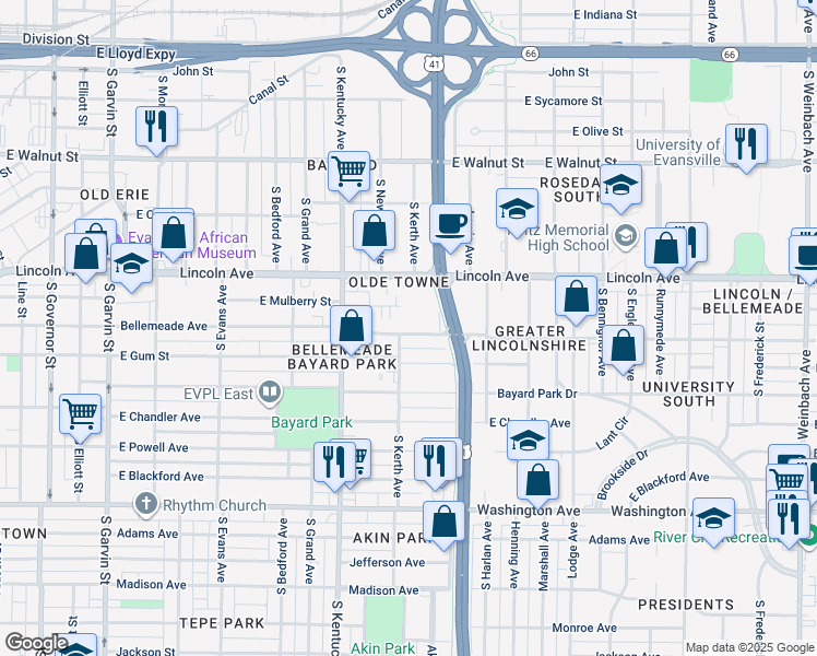 map of restaurants, bars, coffee shops, grocery stores, and more near 1125 Bellemeade Avenue in Evansville