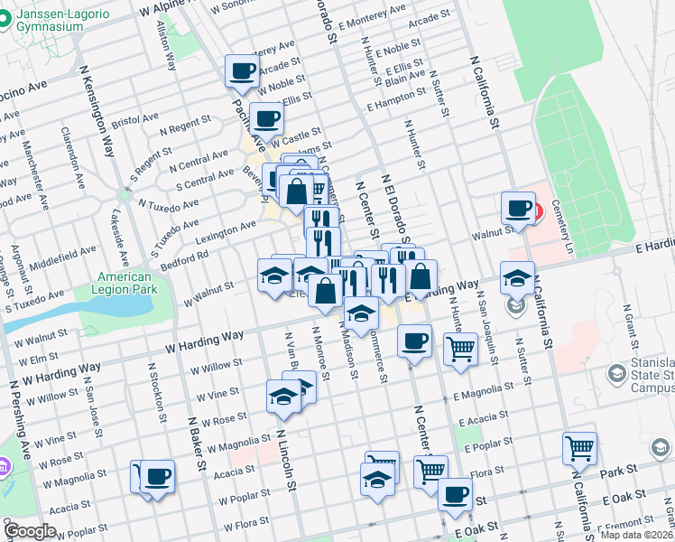 map of restaurants, bars, coffee shops, grocery stores, and more near 119 West Elm Street in Stockton