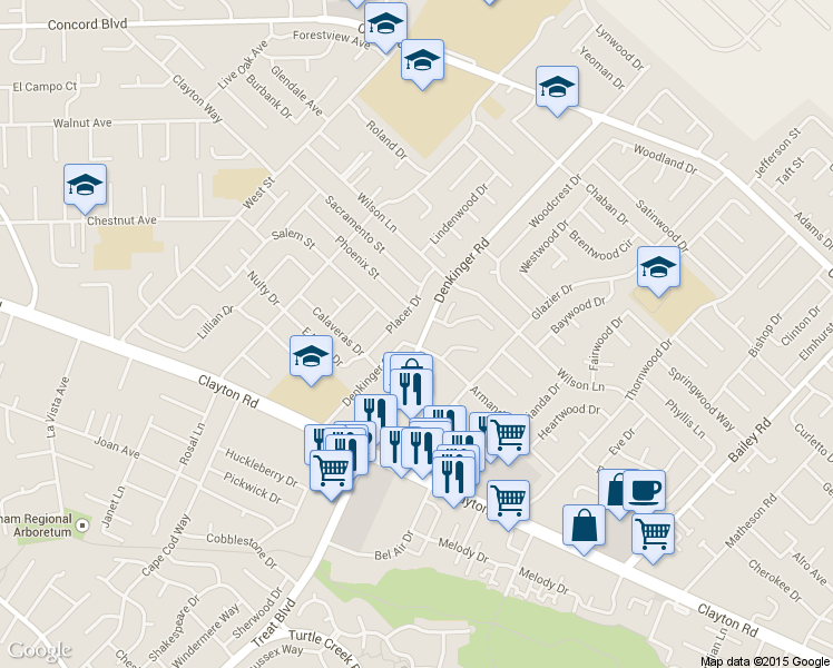 map of restaurants, bars, coffee shops, grocery stores, and more near Concord Court in Concord