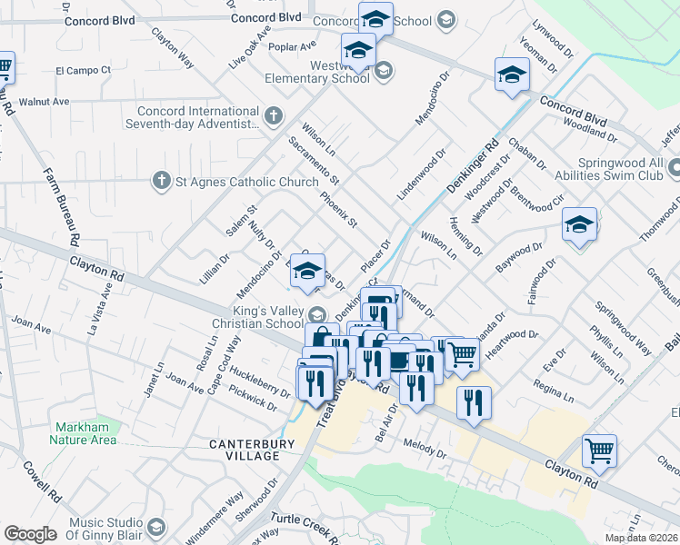 map of restaurants, bars, coffee shops, grocery stores, and more near 4148 Calaveras Drive in Concord