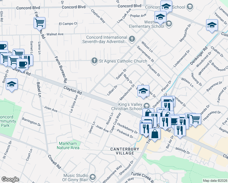 map of restaurants, bars, coffee shops, grocery stores, and more near 1521 Mendocino Drive in Concord