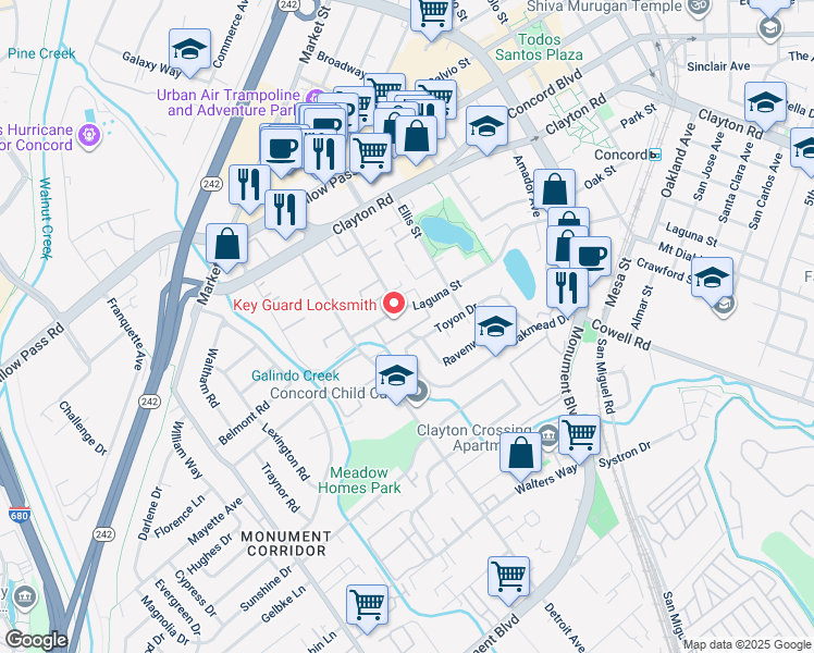map of restaurants, bars, coffee shops, grocery stores, and more near 1463 Toyon Drive in Concord