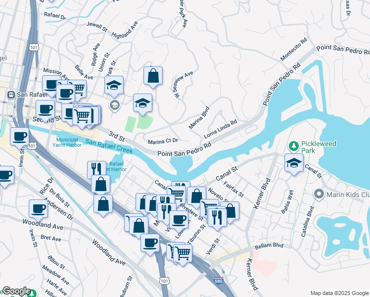 map of restaurants, bars, coffee shops, grocery stores, and more near 57 Point San Pedro Road in San Rafael