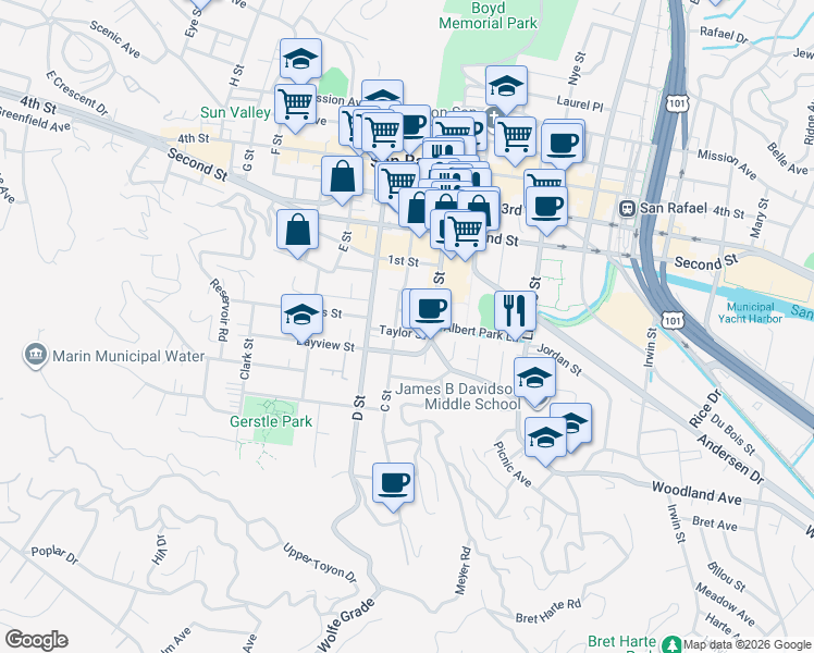 map of restaurants, bars, coffee shops, grocery stores, and more near 411 C Street in San Rafael