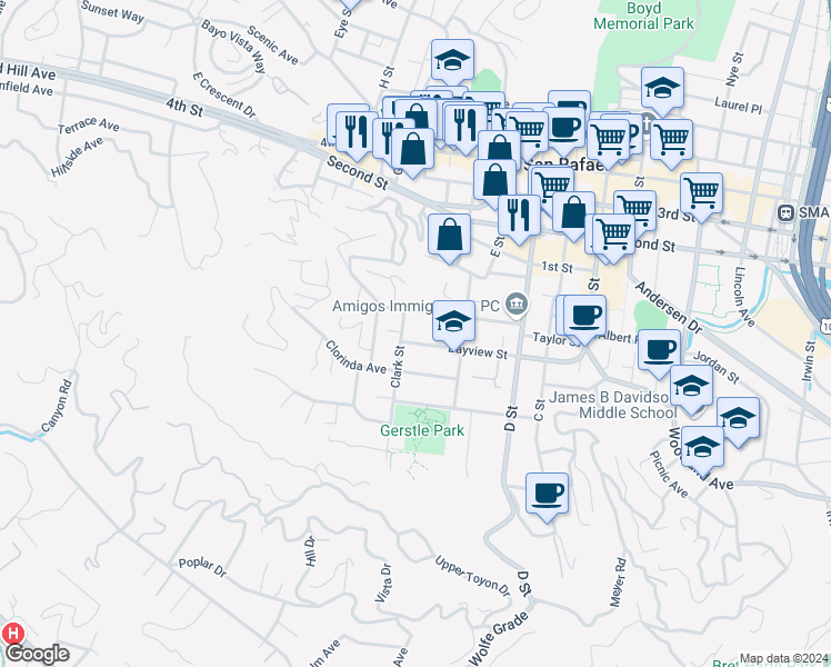 map of restaurants, bars, coffee shops, grocery stores, and more near 323 Bayview Street in San Rafael