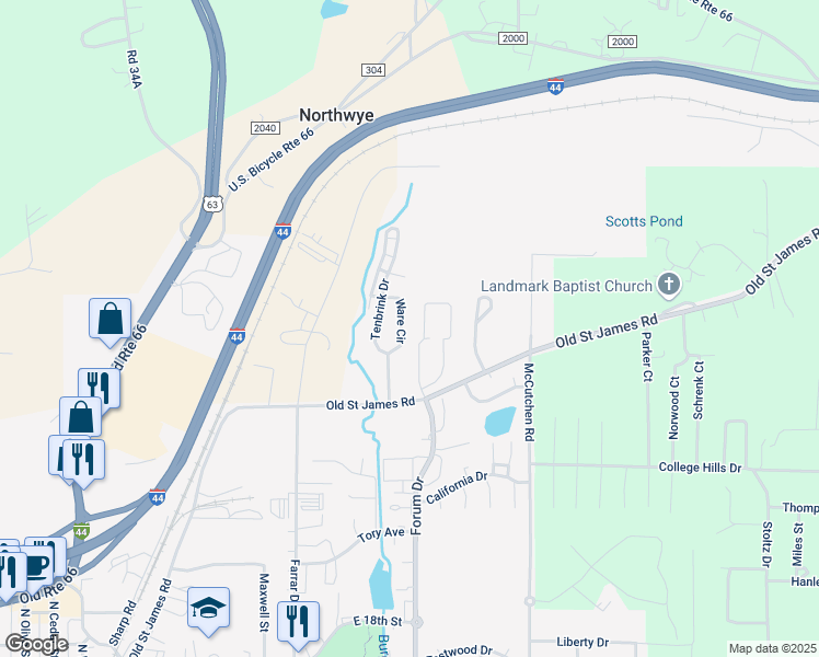map of restaurants, bars, coffee shops, grocery stores, and more near 2132 Ware Circle in Rolla