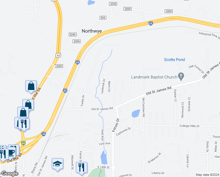 map of restaurants, bars, coffee shops, grocery stores, and more near 2125 Ware Circle in Rolla