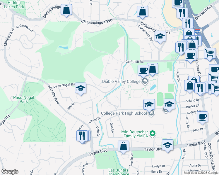 map of restaurants, bars, coffee shops, grocery stores, and more near 527 Mesa Verde Place in Pleasant Hill