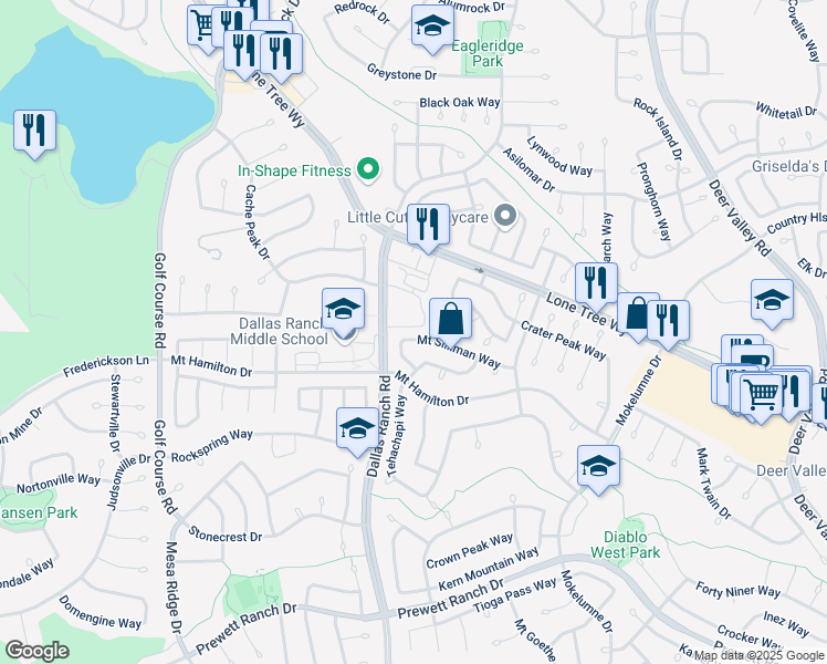map of restaurants, bars, coffee shops, grocery stores, and more near 1613 Mount Silliman Way in Antioch