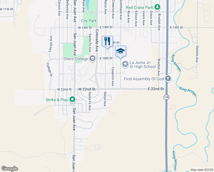 map of restaurants, bars, coffee shops, grocery stores, and more near 14-98 East 22nd Street in La Junta