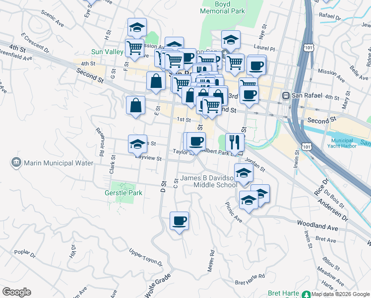map of restaurants, bars, coffee shops, grocery stores, and more near 411 C Street in San Rafael