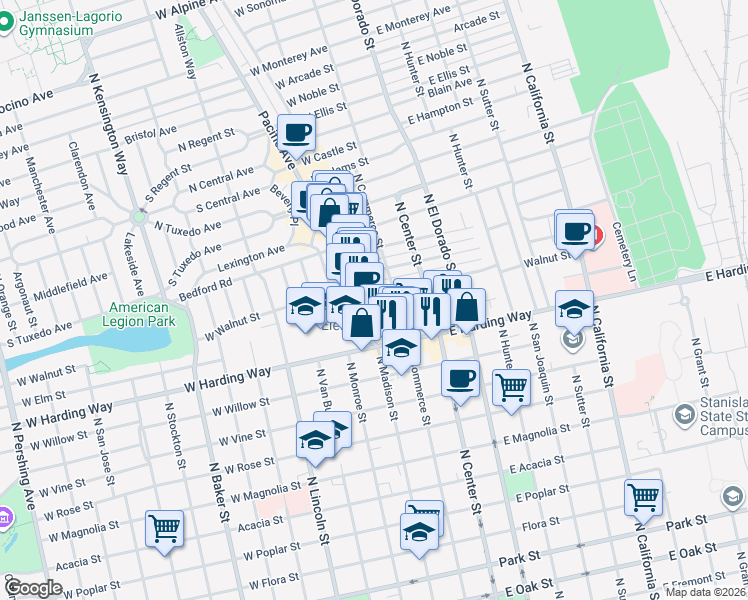 map of restaurants, bars, coffee shops, grocery stores, and more near 119 West Elm Street in Stockton
