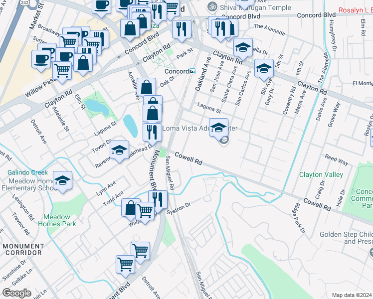 map of restaurants, bars, coffee shops, grocery stores, and more near 1210 Almar Street in Concord