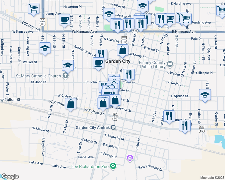 map of restaurants, bars, coffee shops, grocery stores, and more near 421 North Main Street in Garden City
