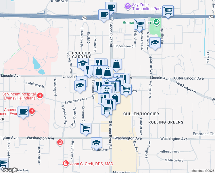 map of restaurants, bars, coffee shops, grocery stores, and more near 661 South Green River Road in Evansville