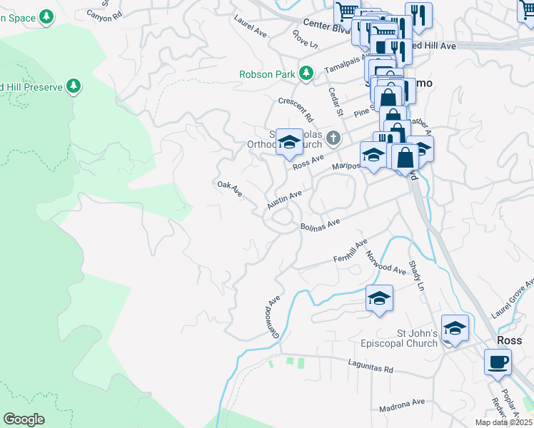 map of restaurants, bars, coffee shops, grocery stores, and more near 73 Austin Avenue in San Anselmo