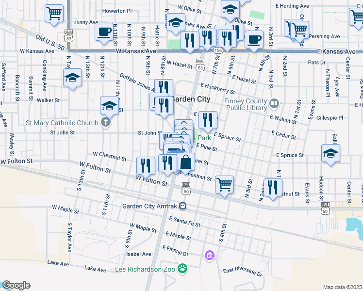 map of restaurants, bars, coffee shops, grocery stores, and more near 421 North Main Street in Garden City