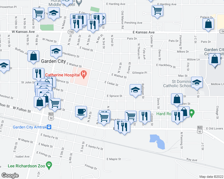 map of restaurants, bars, coffee shops, grocery stores, and more near 601 North 1st Street in Garden City
