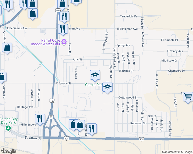 map of restaurants, bars, coffee shops, grocery stores, and more near 3401 East Spruce Street in Garden City
