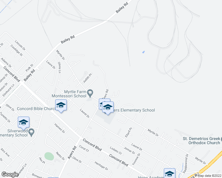 map of restaurants, bars, coffee shops, grocery stores, and more near 1960 Ayers Road in Concord
