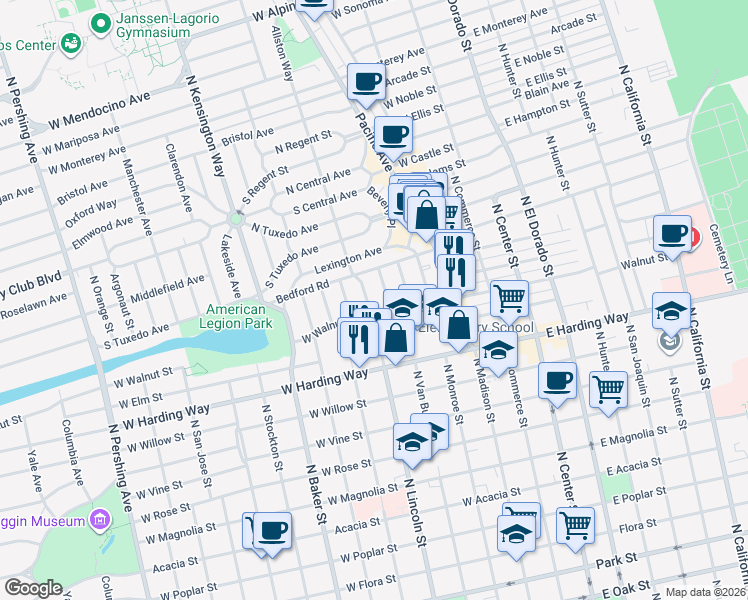 map of restaurants, bars, coffee shops, grocery stores, and more near 460 West Walnut Street in Stockton