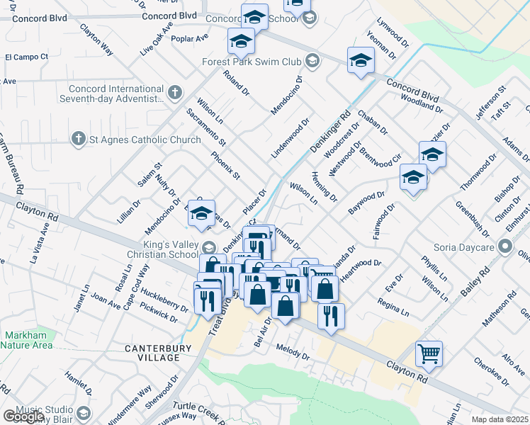 map of restaurants, bars, coffee shops, grocery stores, and more near 4205 Armand Drive in Concord