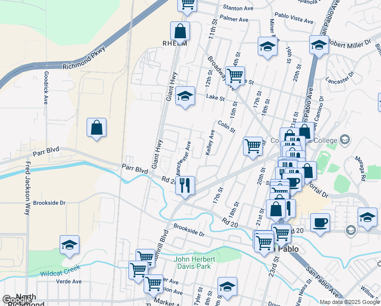 map of restaurants, bars, coffee shops, grocery stores, and more near 2489 Frieda Court in San Pablo