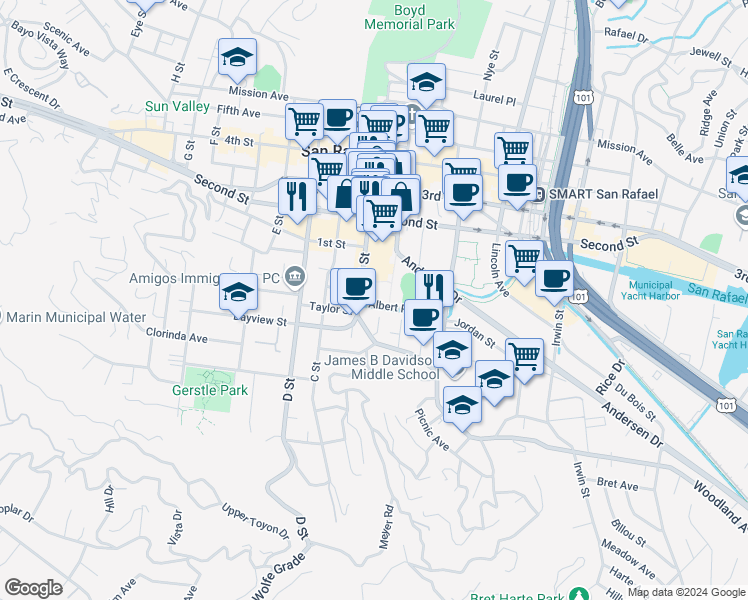 map of restaurants, bars, coffee shops, grocery stores, and more near 26 Woodland Place in San Rafael
