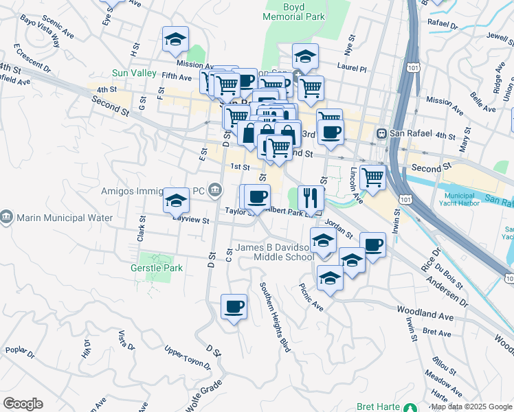 map of restaurants, bars, coffee shops, grocery stores, and more near 2 Bayview Street in San Rafael