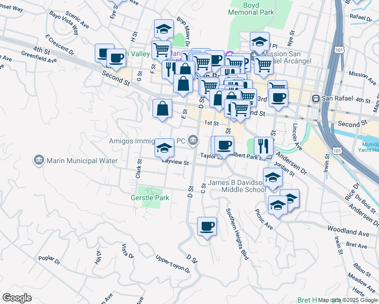 map of restaurants, bars, coffee shops, grocery stores, and more near 212 Bayview Street in San Rafael