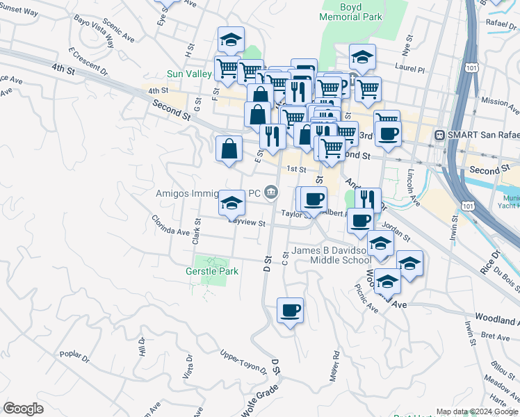map of restaurants, bars, coffee shops, grocery stores, and more near 212 Bayview Street in San Rafael