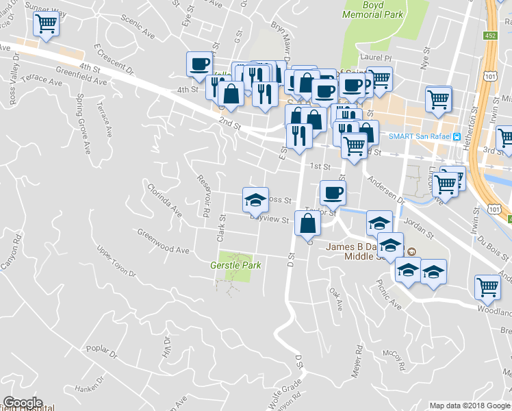 map of restaurants, bars, coffee shops, grocery stores, and more near 240 Bayview Street in San Rafael