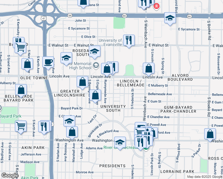 map of restaurants, bars, coffee shops, grocery stores, and more near 1701 Bellemeade Avenue in Evansville