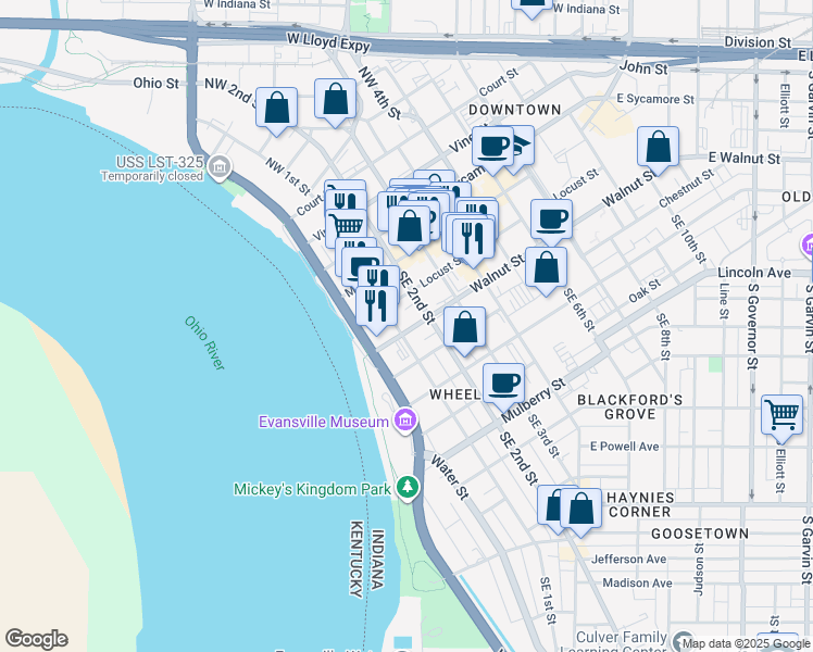 map of restaurants, bars, coffee shops, grocery stores, and more near 17 Walnut Street in Evansville