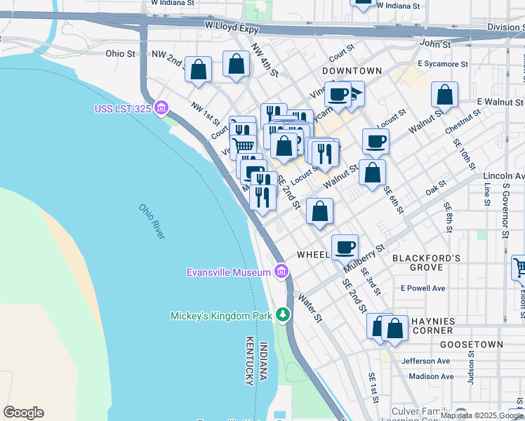 map of restaurants, bars, coffee shops, grocery stores, and more near 6 Walnut Street in Evansville