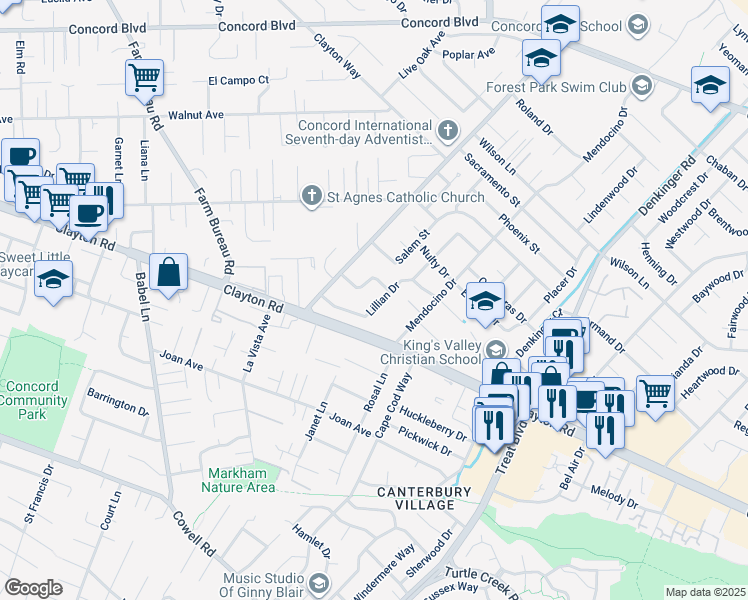 map of restaurants, bars, coffee shops, grocery stores, and more near 4067 Lillian Drive in Concord
