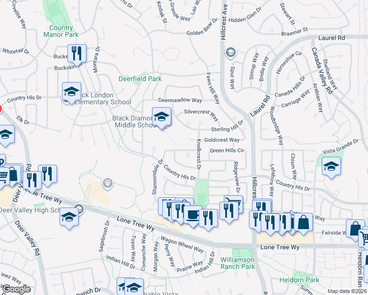 map of restaurants, bars, coffee shops, grocery stores, and more near 4721 Shannondale Drive in Antioch