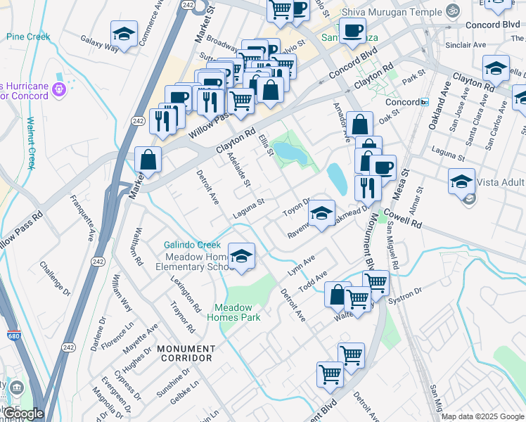 map of restaurants, bars, coffee shops, grocery stores, and more near 1680 Laguna Street in Concord