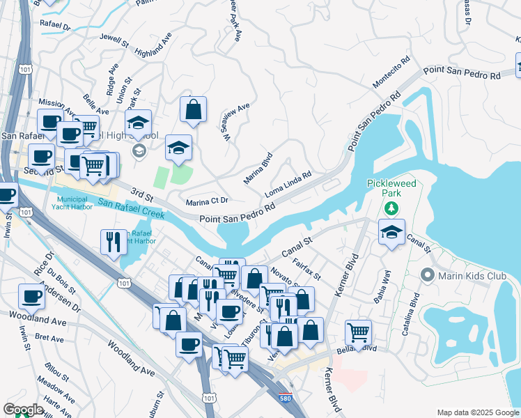 map of restaurants, bars, coffee shops, grocery stores, and more near Point San Pedro Road & Marina Boulevard in San Rafael