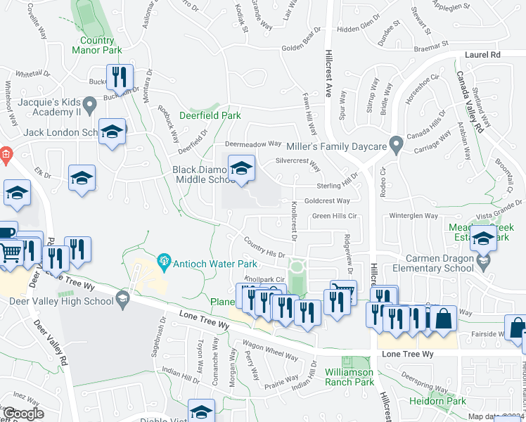 map of restaurants, bars, coffee shops, grocery stores, and more near 4705 Shannondale Drive in Antioch