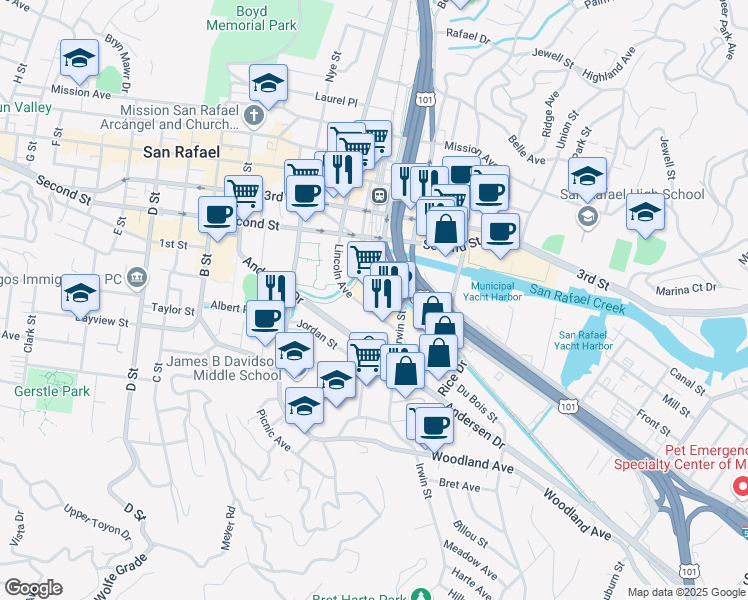 map of restaurants, bars, coffee shops, grocery stores, and more near 655 Irwin Street in San Rafael
