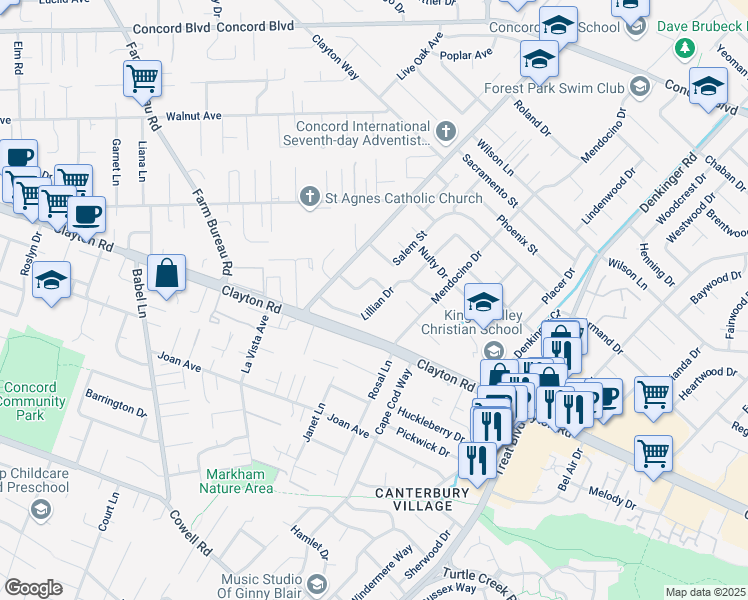 map of restaurants, bars, coffee shops, grocery stores, and more near 4067 Lillian Drive in Concord