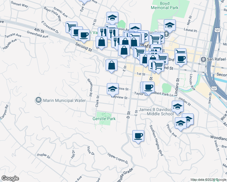 map of restaurants, bars, coffee shops, grocery stores, and more near 107 Marin Street in San Rafael
