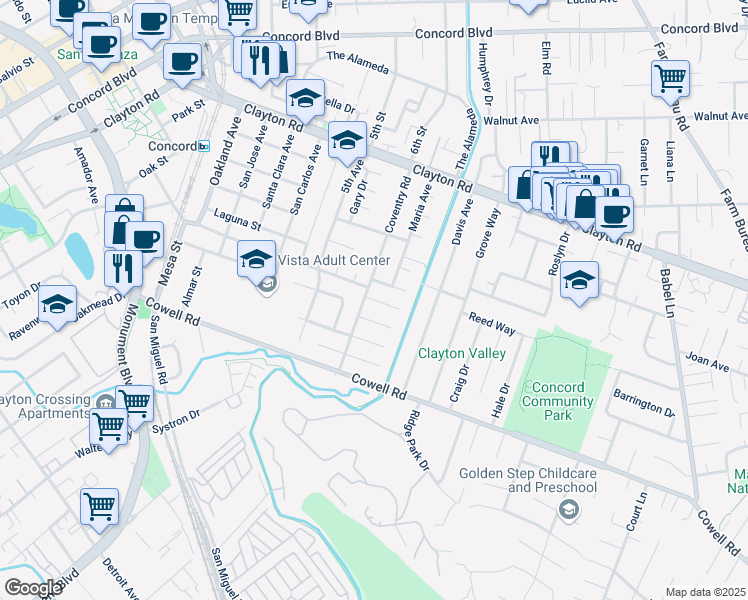 map of restaurants, bars, coffee shops, grocery stores, and more near 3200 Cambridge Place in Concord
