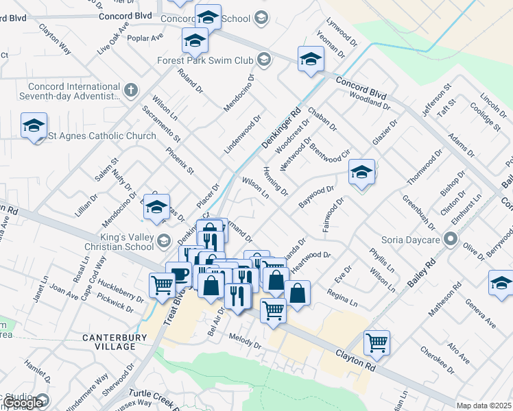 map of restaurants, bars, coffee shops, grocery stores, and more near 4270 Dubhe Court in Concord