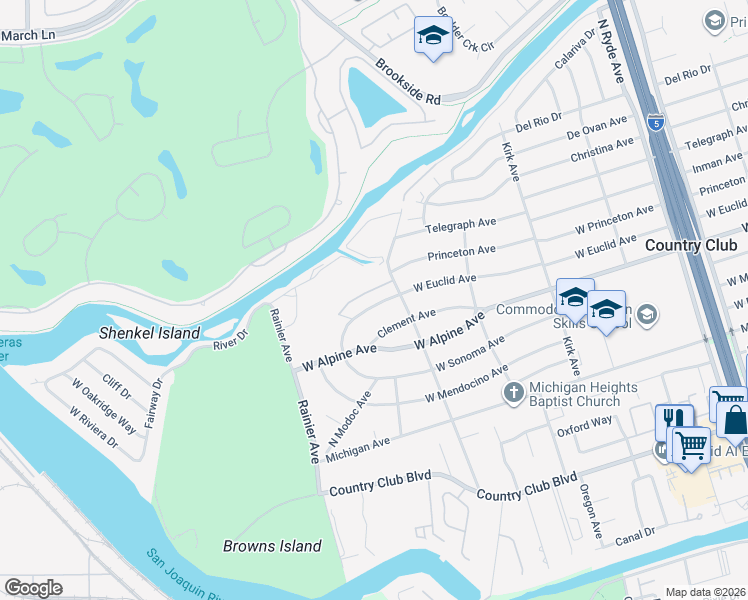 map of restaurants, bars, coffee shops, grocery stores, and more near 3439 West Euclid Avenue in Stockton