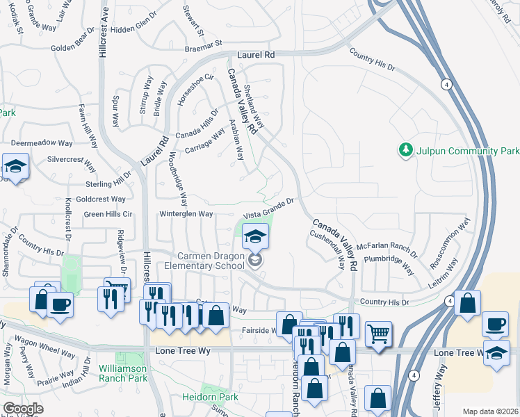 map of restaurants, bars, coffee shops, grocery stores, and more near 4708 Vista Grande Drive in Antioch